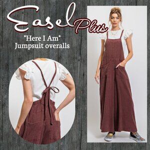 EASEL "Here I Am" Mineral Washed Wide Leg Jumpsuit Adjustable Tie Straps Pockets